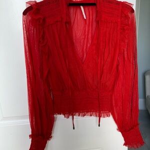 Free People Vibrant Red Sheer Blouse